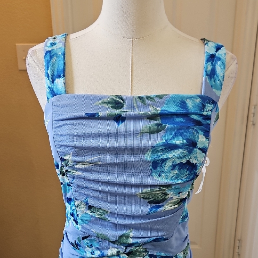 Emerald Sundae Vibrant Blue Floral Ruched Mesh Tank Dress Size L and XL NWT - Picture 3 of 9